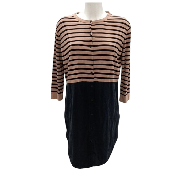 Women's COS Striped Beige Black Sweater 100% Silk Contrast Bottom Tunic SMALL - Picture 1 of 8